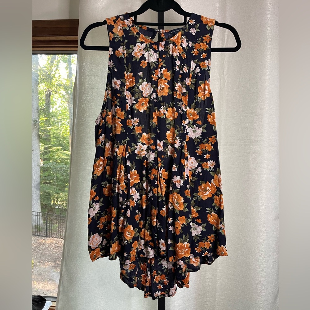 American Eagle Outfitters Navy Floral Blouse with Orange & Pink Flowers